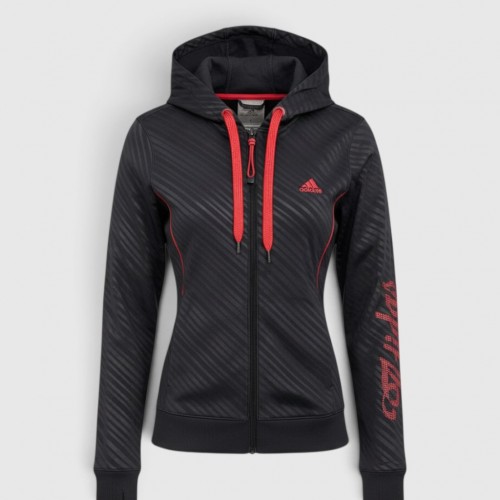 Adidas Climalite Diagonal Striped Full-Zip Hoodie Black & Neon Red / Pre Owned